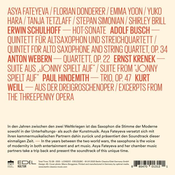 Textseite mit Noten und deutschem Text über ein Saxophonkonzert mit verschiedenen Künstlern.