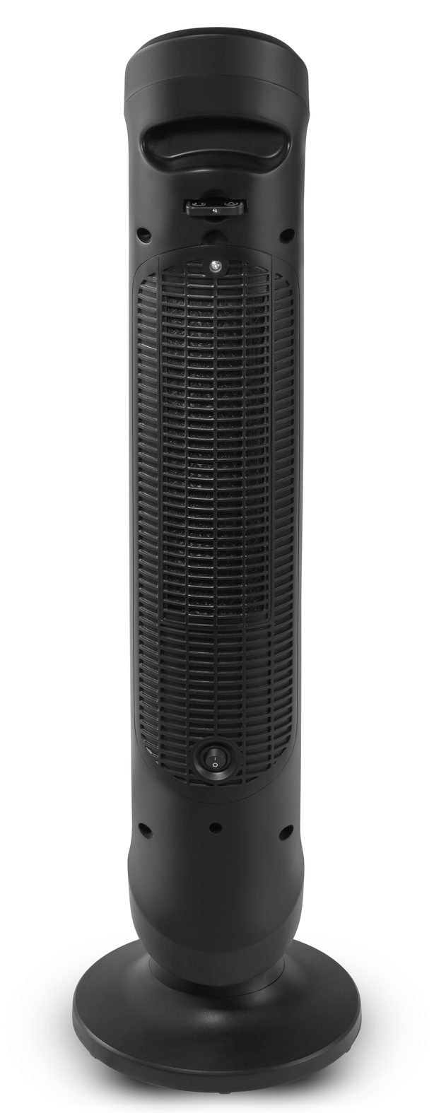 Ventilador de torre negro con base redonda, rejilla y botones.