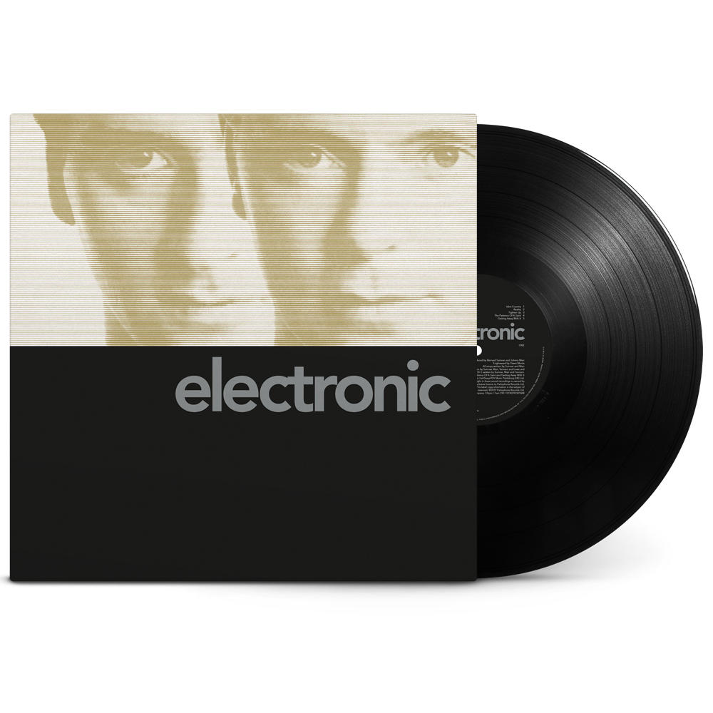 Az "electronic" album borítója. Arcok, az "electronic" szó és egy fekete bakelit lemez látható.