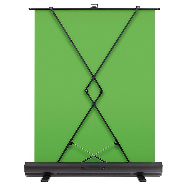 Una pantalla verde con estructura de soporte negra, ideal para grabaciones de video.
