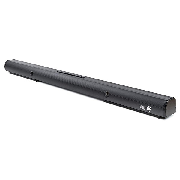 Un dispositivo Elgato negro en forma larga y cilíndrica, con asa y logo en la parte superior.