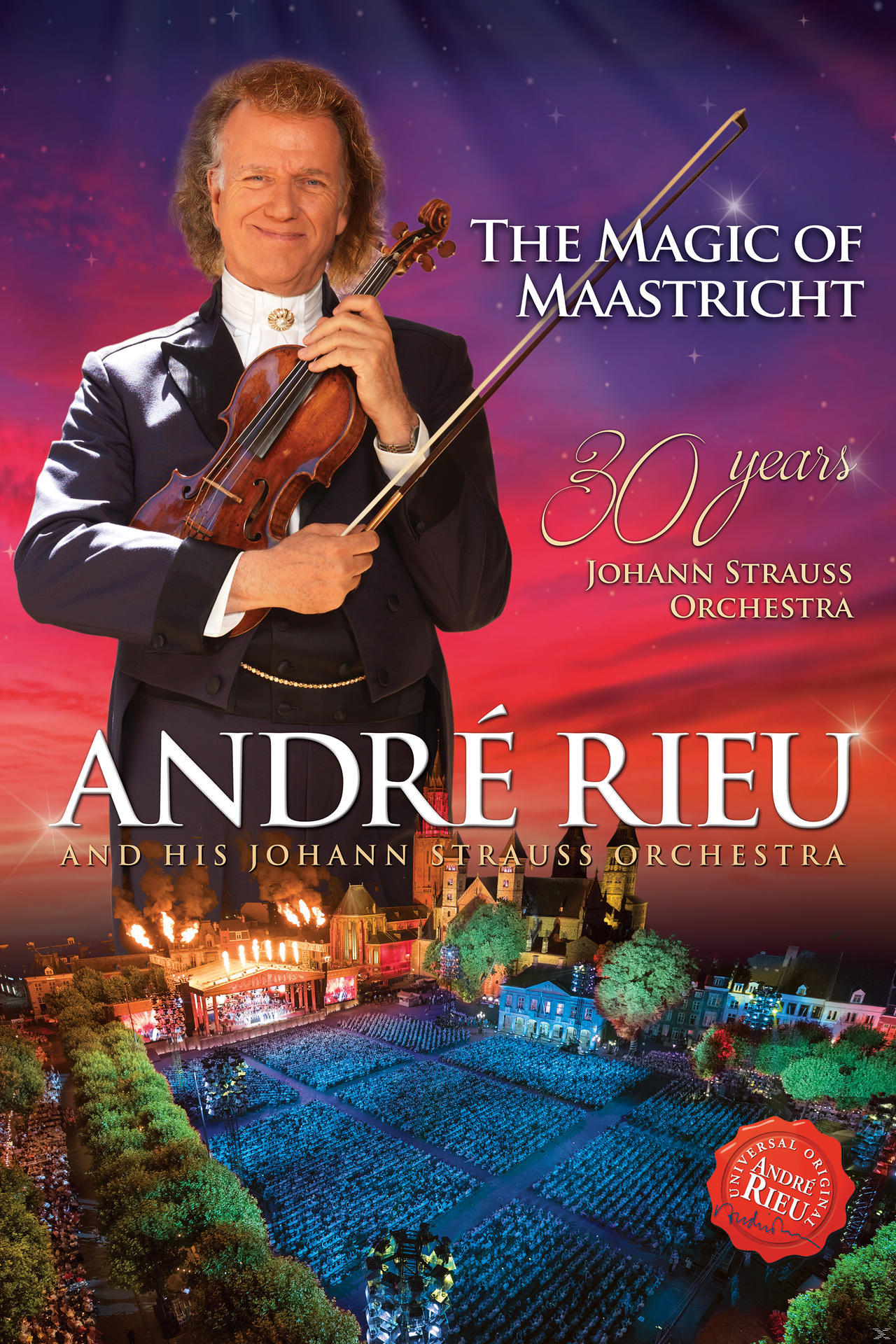 André Rieu hegedűvel, koncertszínpad háttér, és szöveg: The Magic of Maastricht.