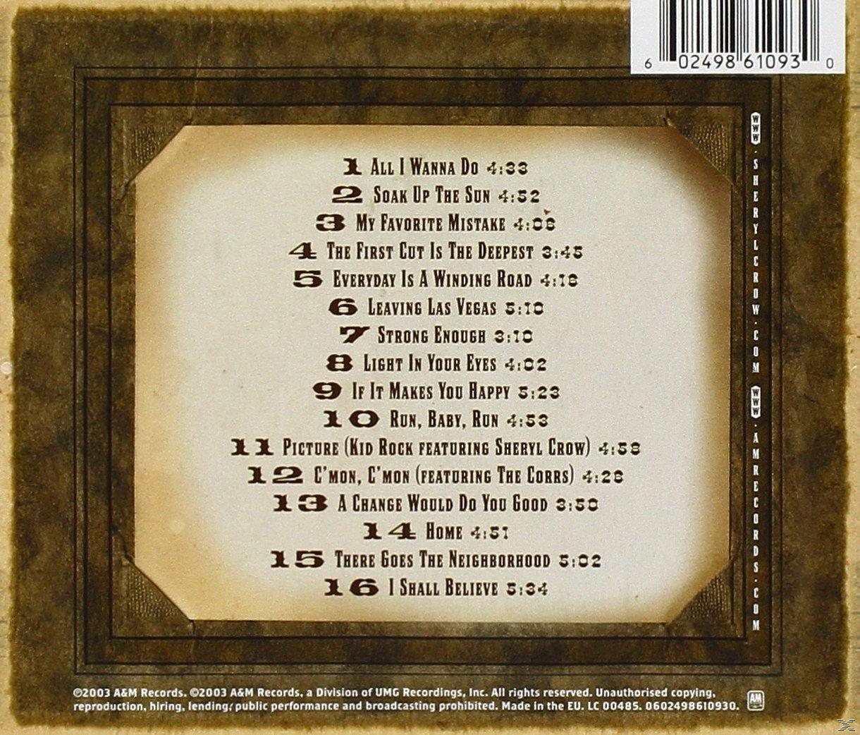 Sheryl Crow album hátlapja a dalok címeivel és a stáblistával barna keretben.