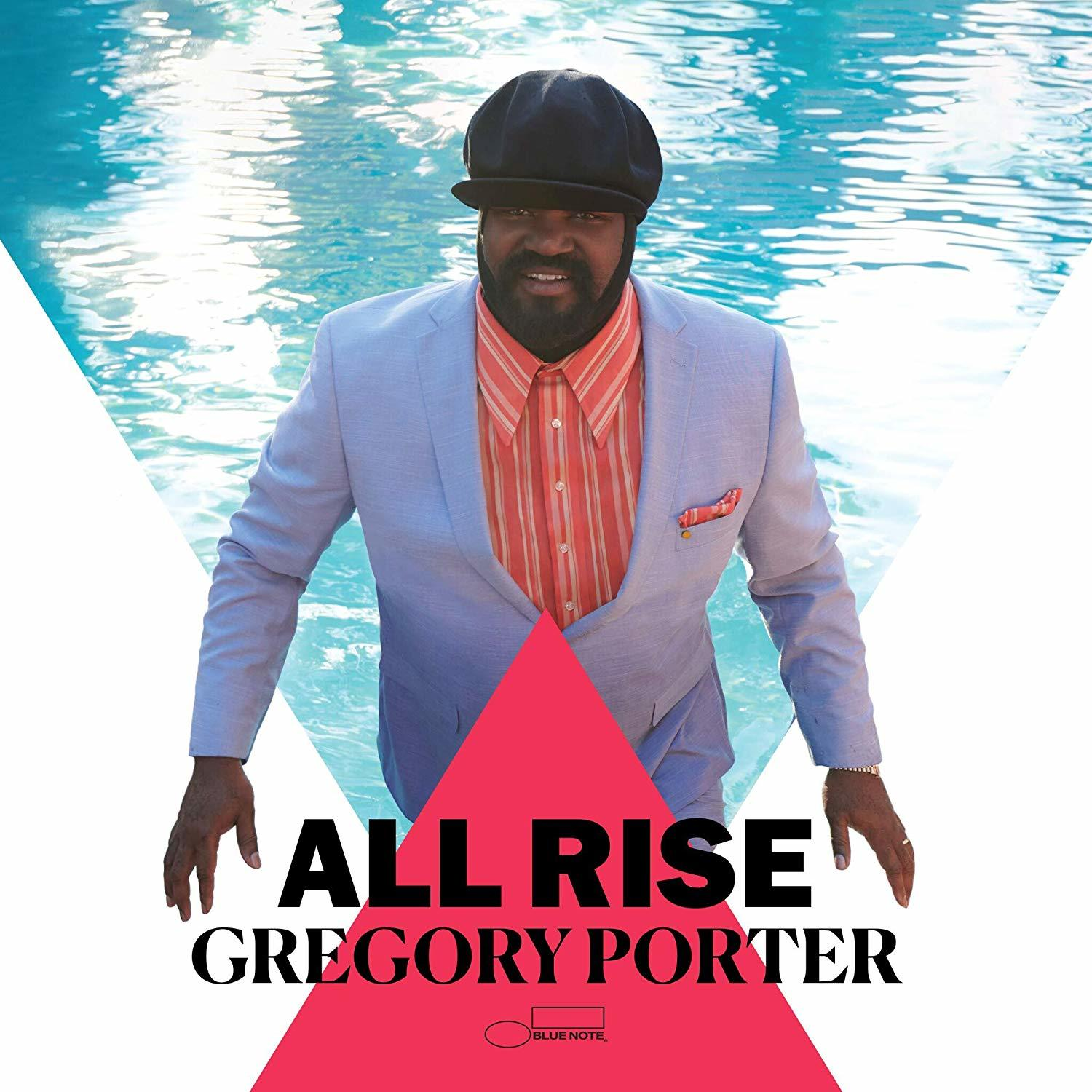 Gregory Porter albumhoes. Man staat in zwembad, draagt een pak. Tekst: All Rise, Gregory Porter.