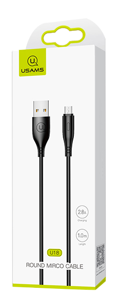Fehér doboz egy fekete USB töltőkábelhez. A dobozon a márka logója látható.