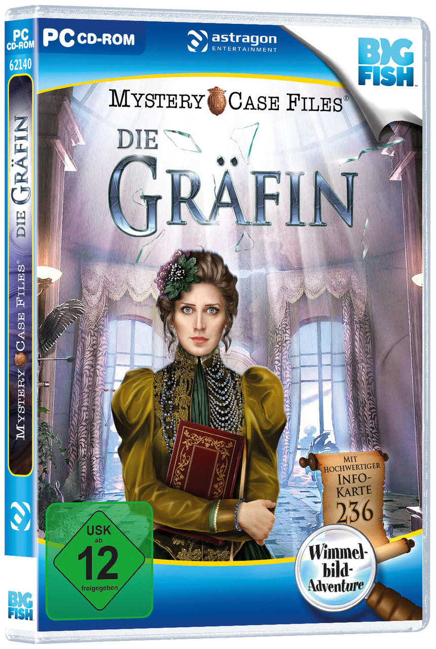 Ein Spielcover mit einer Frau mit Buch, Text und Logo.