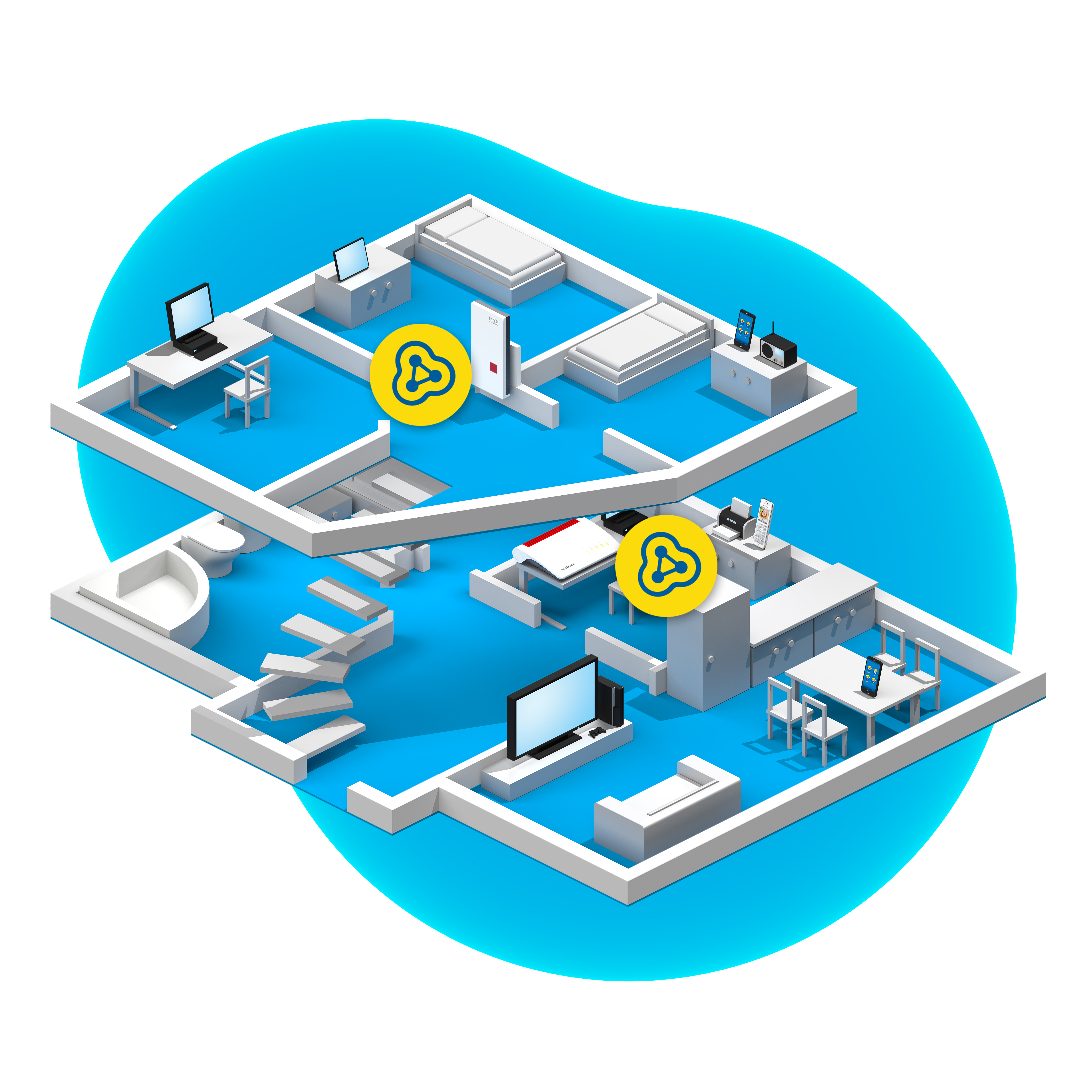 Isometrische Ansicht eines Hausplans, der in zwei Etagen unterteilt ist, mit Möbeln und zwei WLAN-Symbolen.