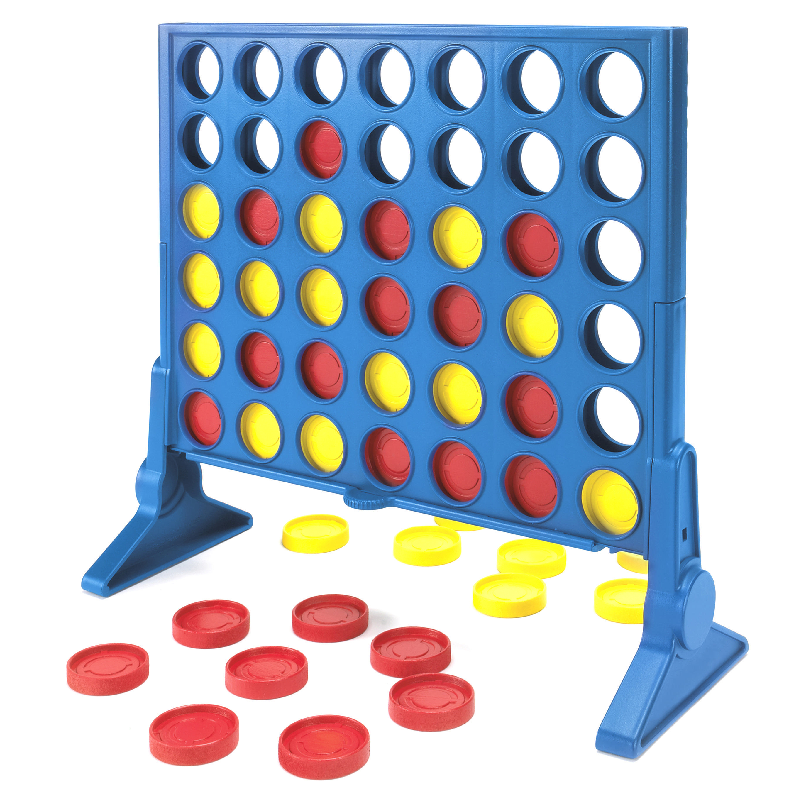 Vier gewinnt Spielbrett mit roten und gelben Scheiben. Blauer Rahmen, vertikale und horizontale Schlitze.