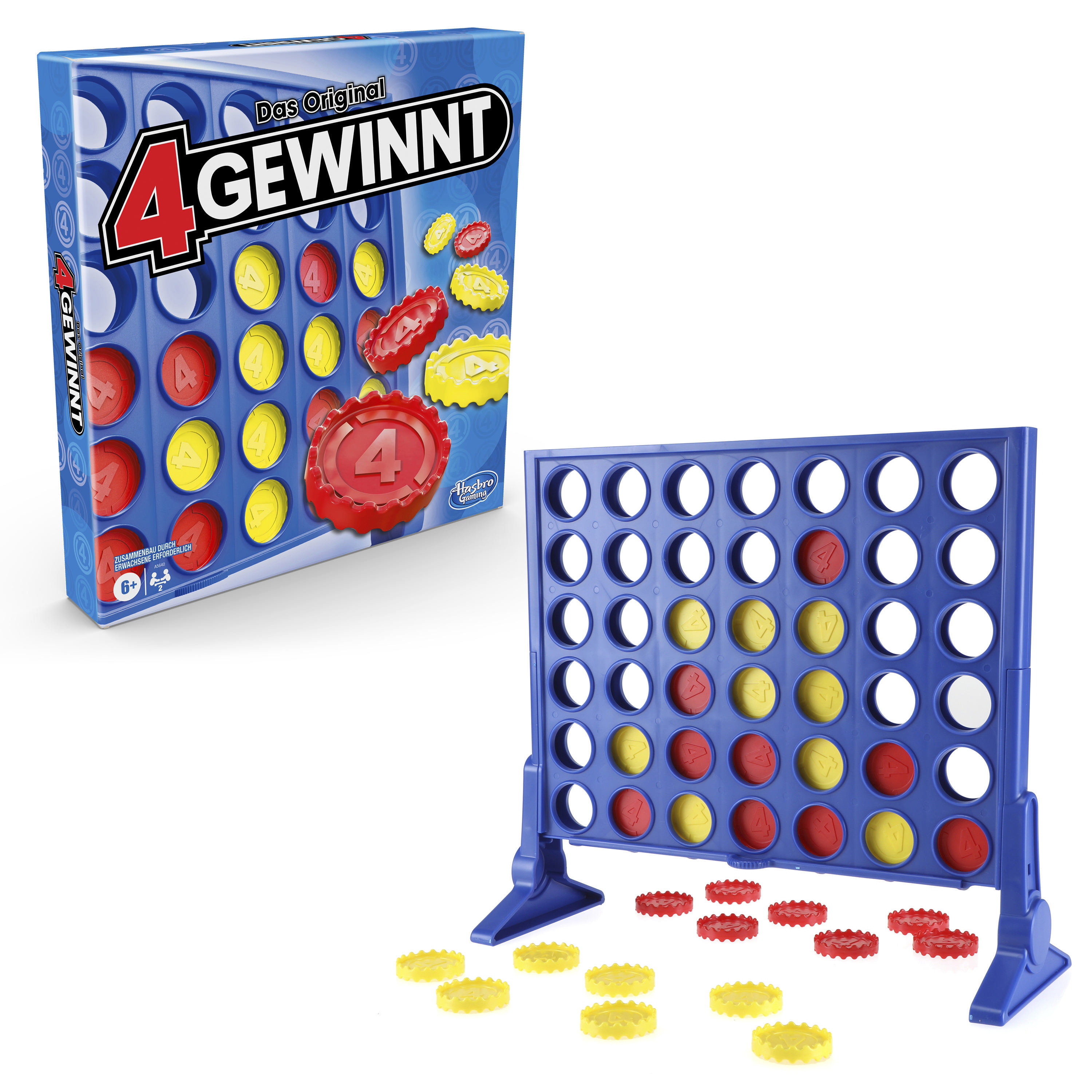 Brettspiel: Blaues Brett, rote und gelbe Teile, Schachtel mit Spieletitel.