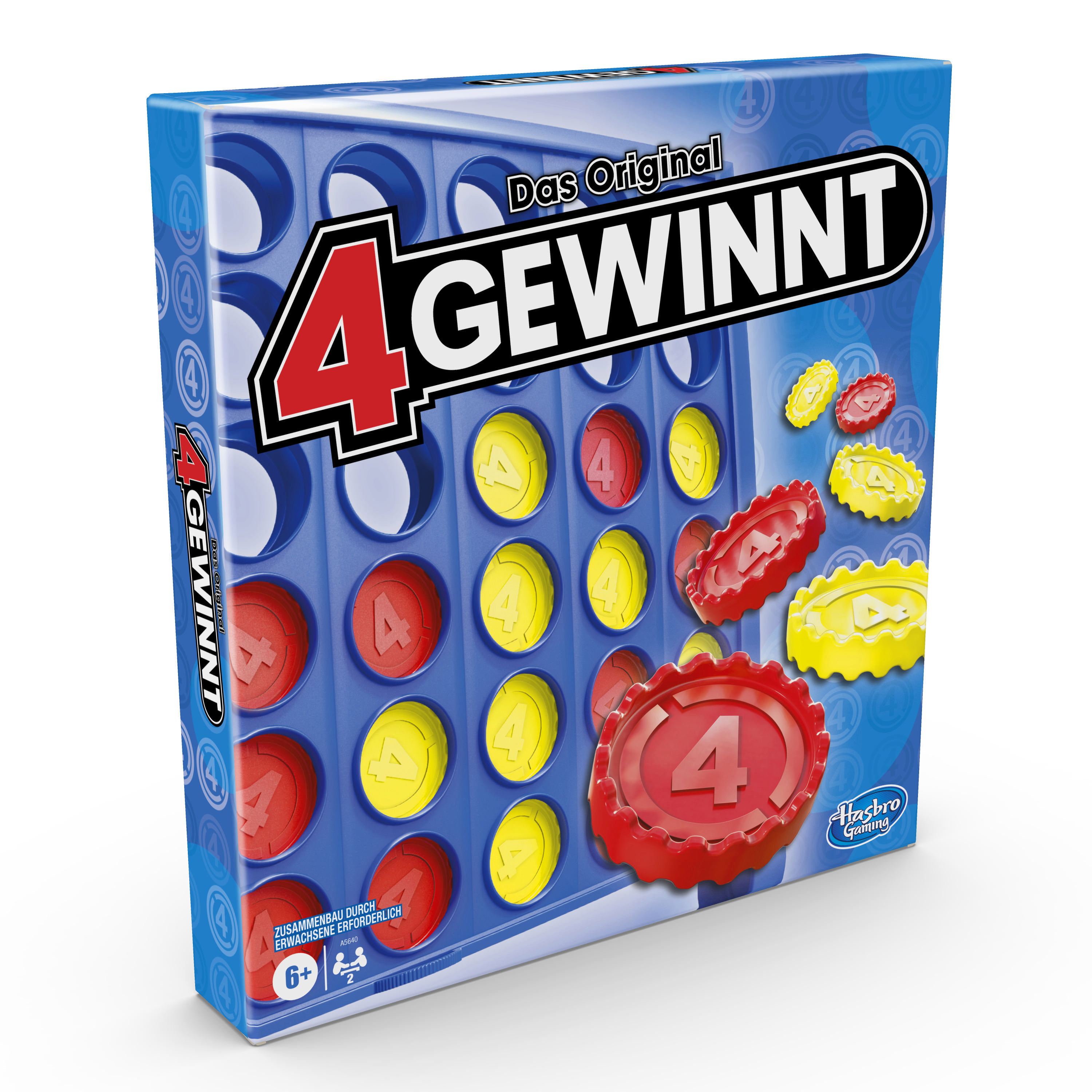 Connect 4 Brettspielbox. Rote und gelbe Spielsteine ​​und ein blaues Spielbrett sind sichtbar.