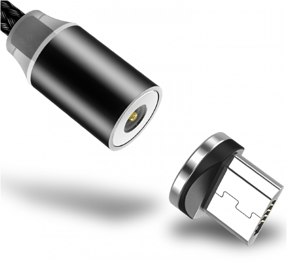 Mágneses töltőkábel. Fekete kábel mágneses csatlakozóval és USB-C véggel.