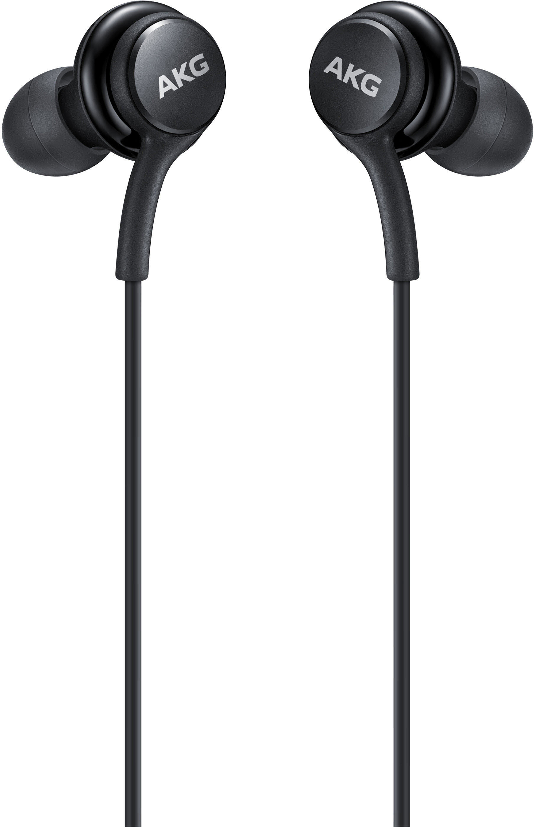 Paar schwarze AKG-Ohrhörer mit schwarzen Kabeln. Weißer Hintergrund.