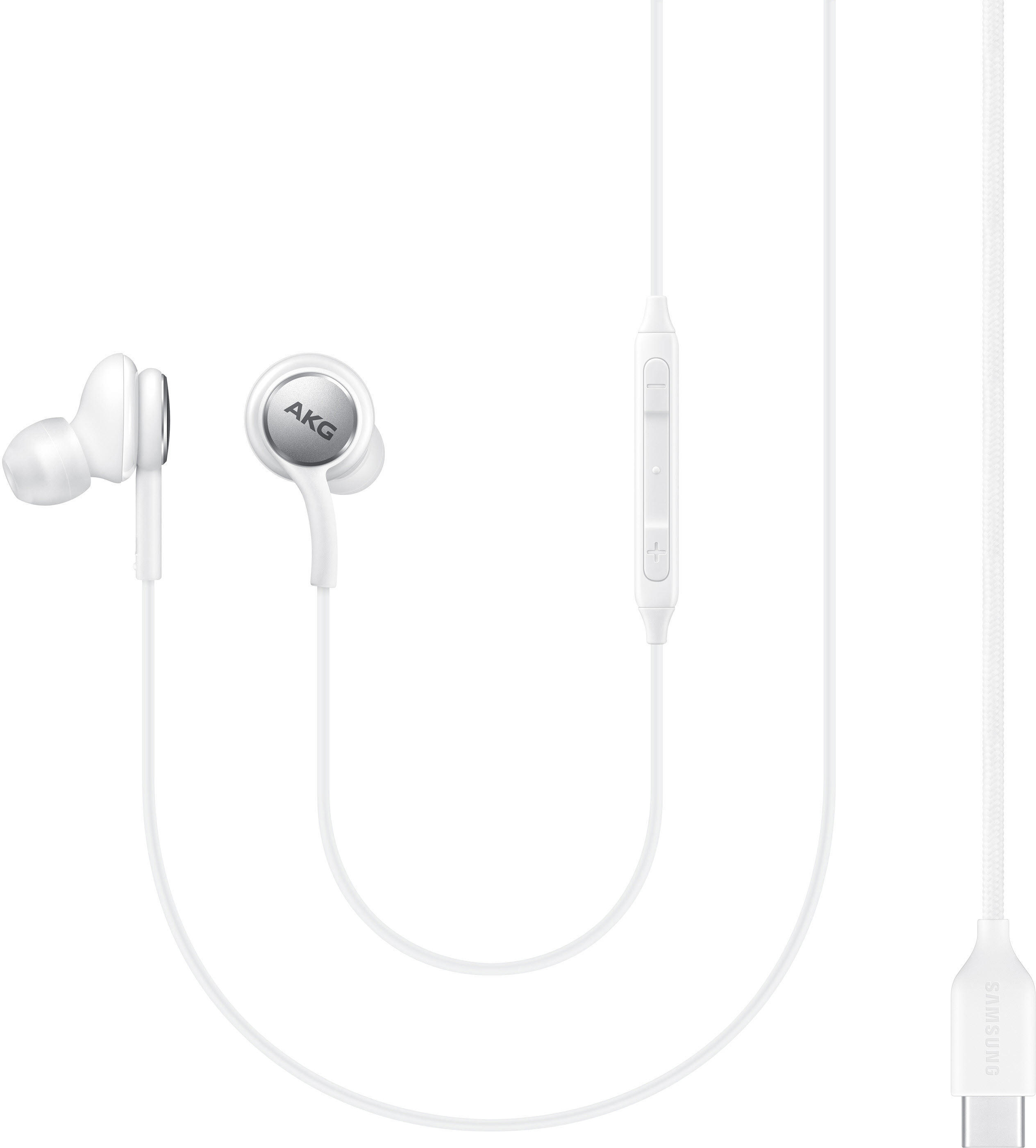 Weiße Ohrhörer mit Bedienfeld und USB-C-Anschluss.