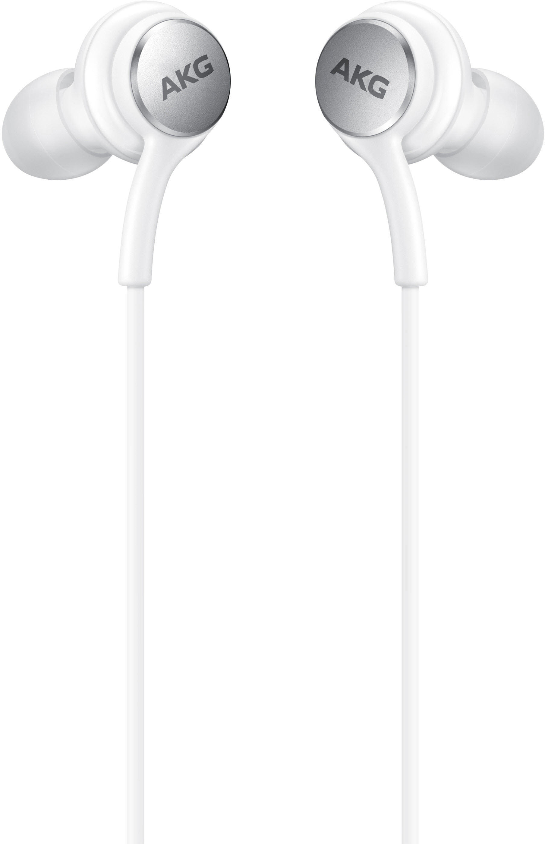 Weiße Ohrhörer mit silbernem AKG-Logo, verbunden durch ein weißes Kabel, vor weißem Hintergrund.