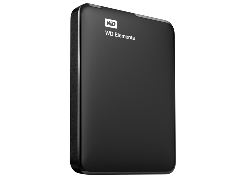Black WD Elements external hard drive. Angled view on a white background.