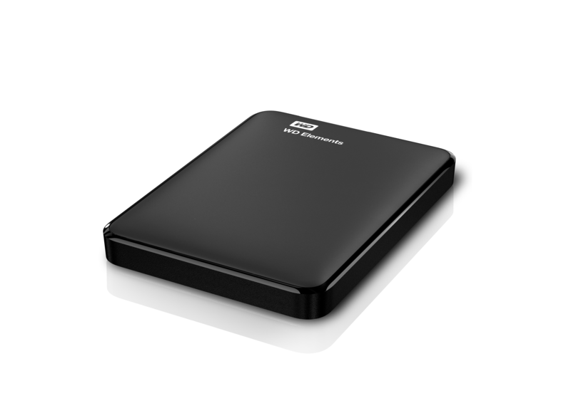 Black WD Elements external hard drive, glossy finish, white background.