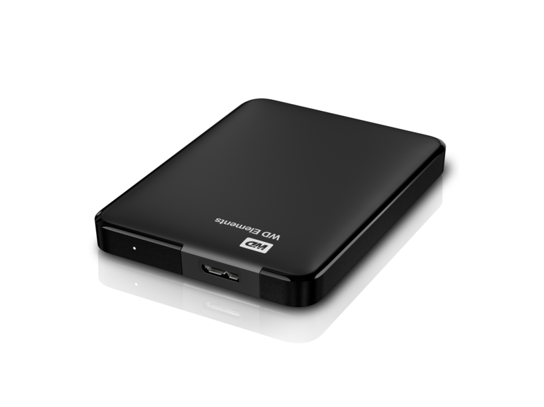 Black WD Elements external hard drive. Angled view. WD logo is visible.