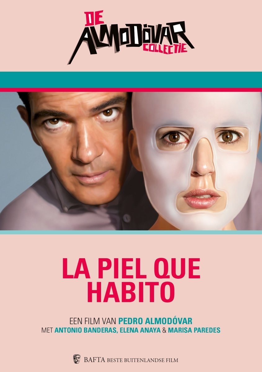 Affiche du film La Piel Que Habito. Comprend deux visages, dont un masqué.
