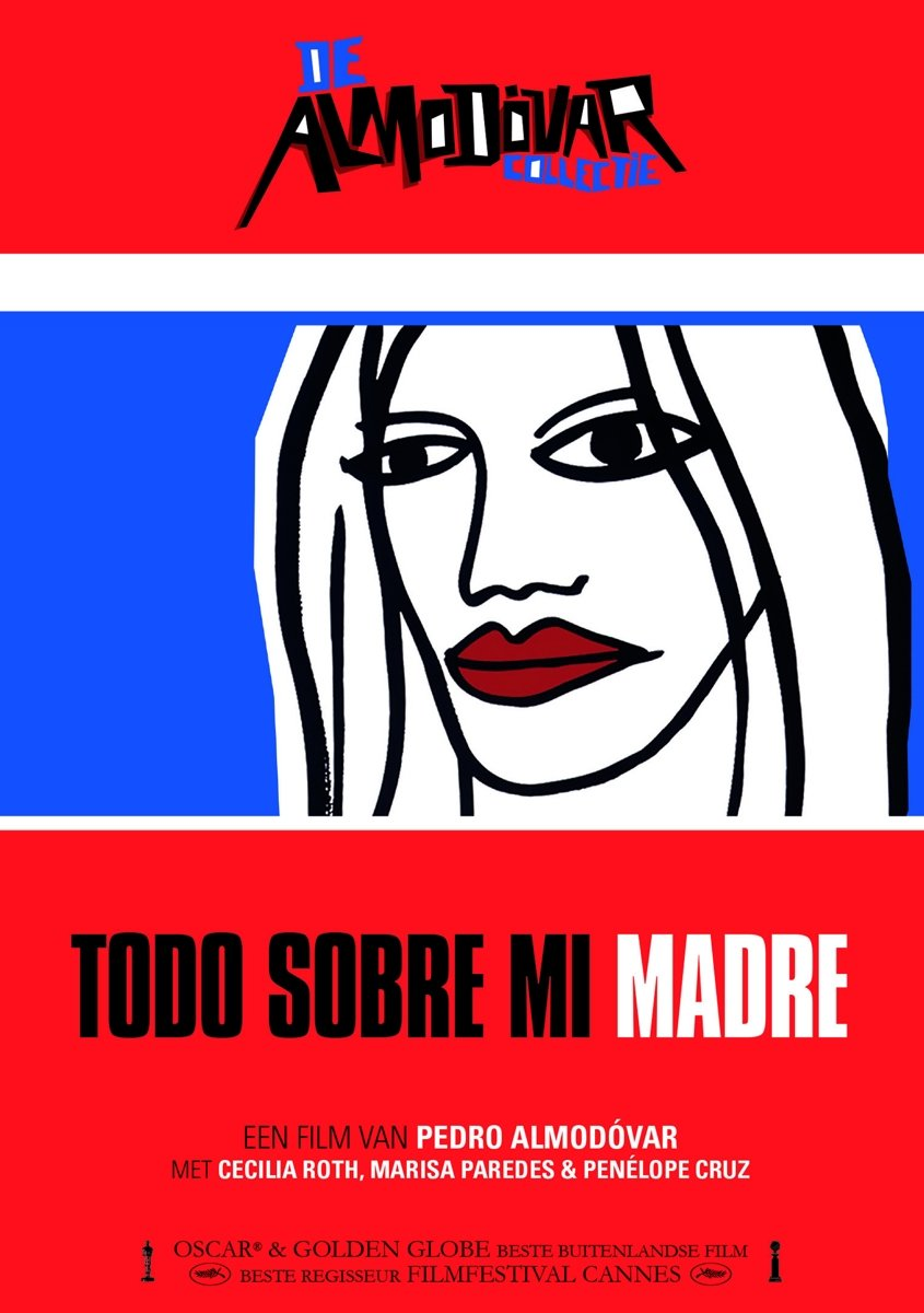 Affiche de film avec le visage d'une femme et le texte 'Todo Sobre Mi Madre' en rouge et bleu.