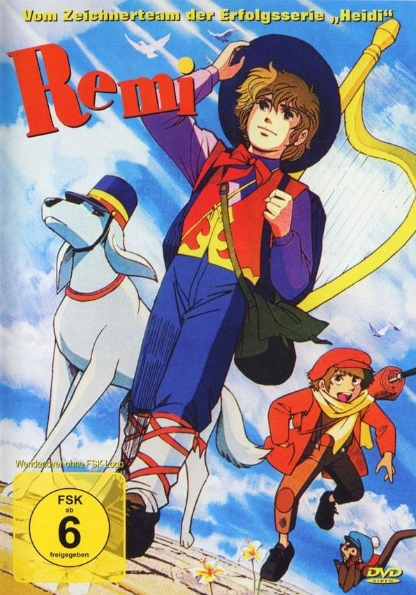 DVD-Cover: Animierter Junge mit Harfe und Hund, Titel: Remi.