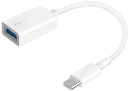 Witte USB-adapter met USB-A- en USB-C-connectoren.