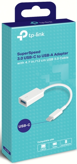 Witte USB-C naar USB-A adapter met witte kabel en een TP-Link doos.