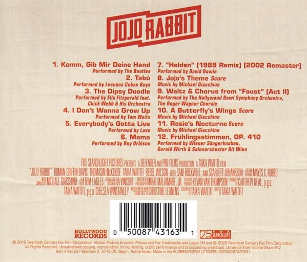 Rückseite des Jojo Rabbit Filmsoundtrack-Cases. Trackliste und Credits sind sichtbar.