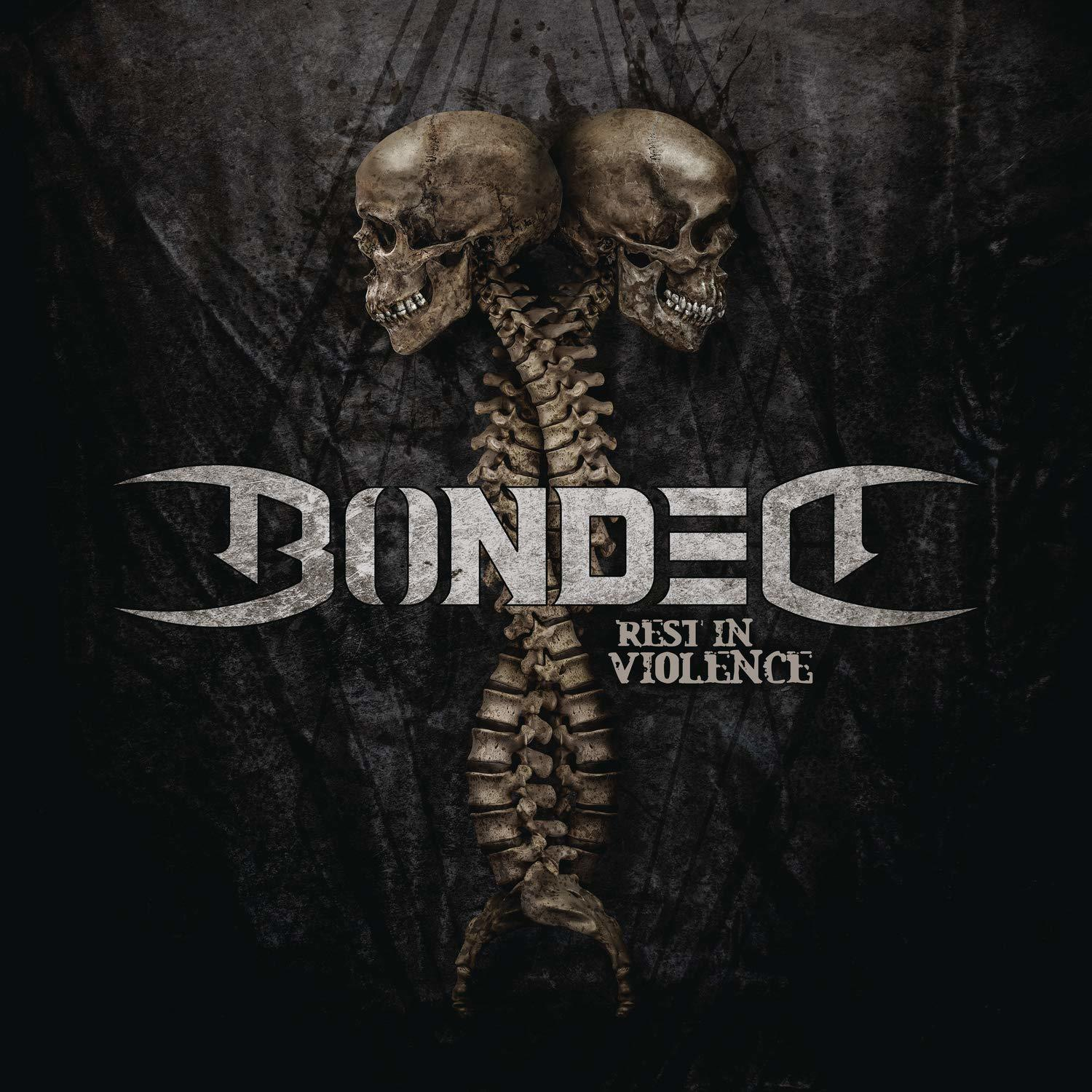 Műalkotás: két koponya egy gerinccel, szöveg: Bonded, Rest in Violence.