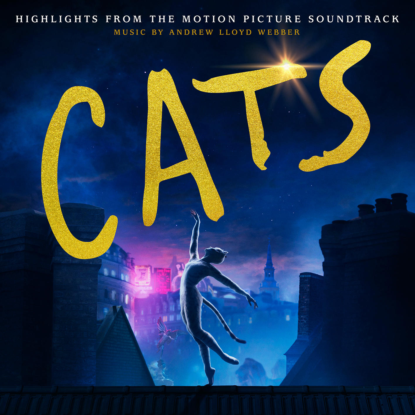 A Cats musical posztere egy tetőn táncoló macska sziluettjével, arany színű címmel.