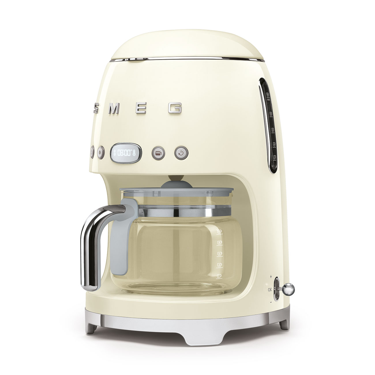 Cremefarbene Retro-Kaffeemaschine mit Glaskaraffe. Mit Knöpfen, Uhr und Chromgriff.