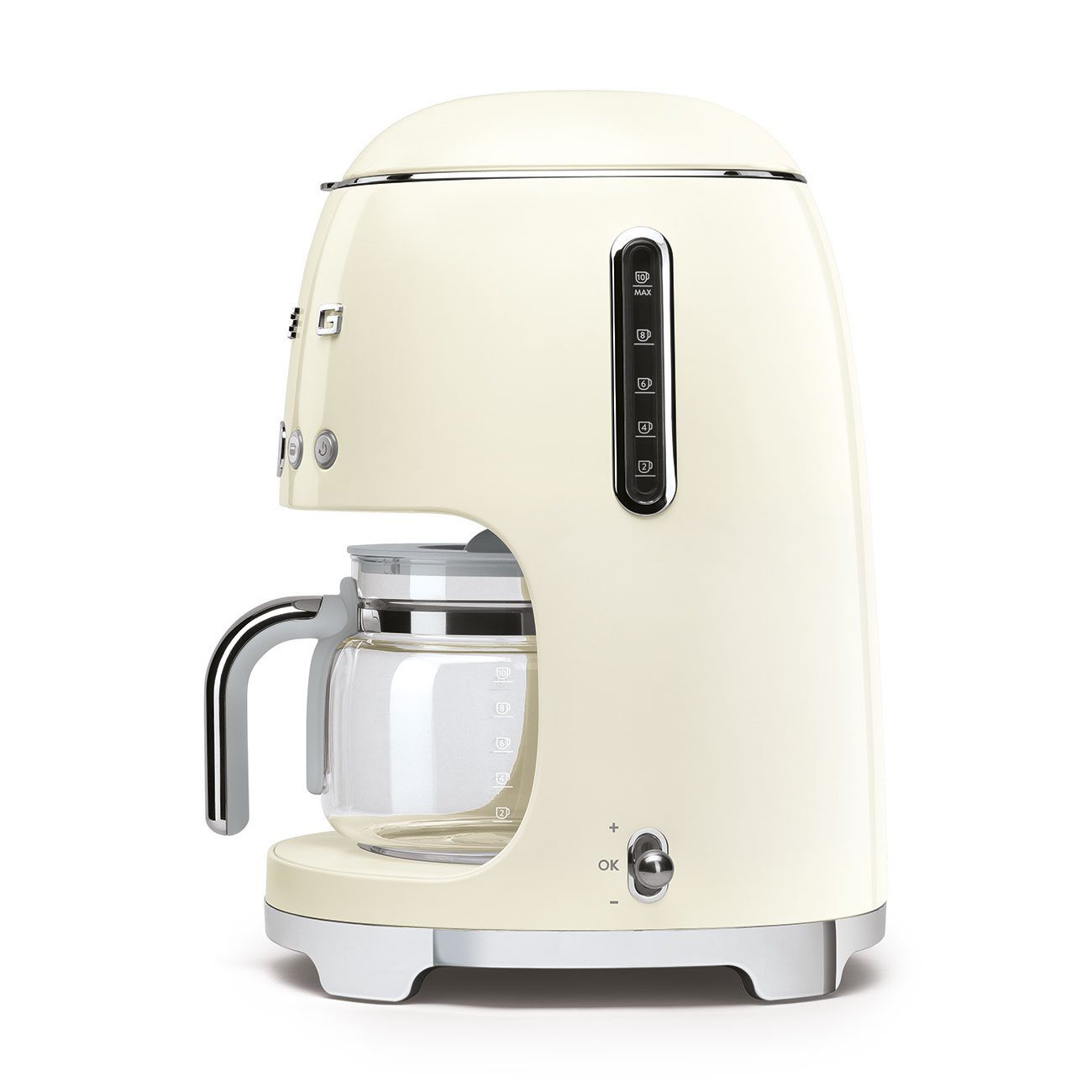 Cremefarbene Kaffeemaschine mit Glaskanne und mehreren Knöpfen.