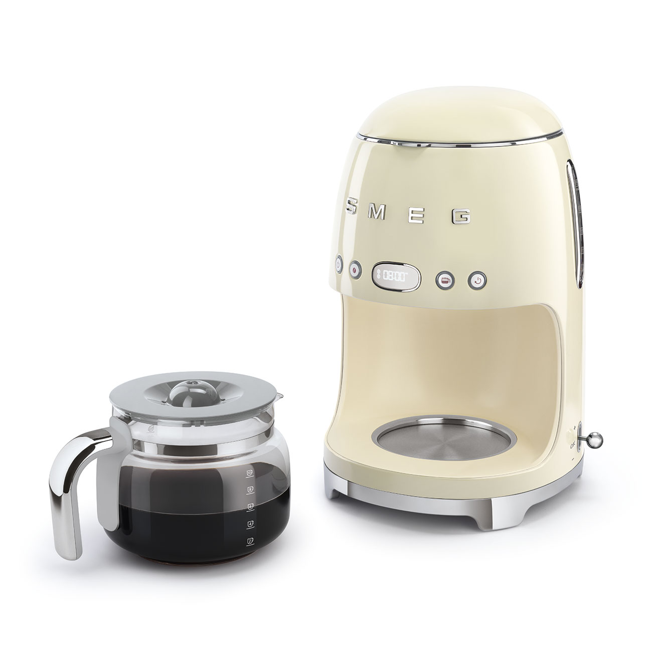 Eine cremefarbene Kaffeemaschine mit einer Glaskaraffe.