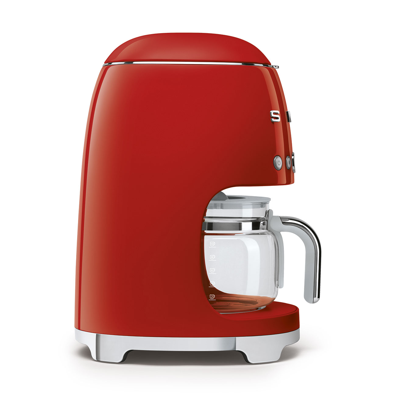 Roter Kaffeemaschine mit Glaskaraffe auf weißem Hintergrund.