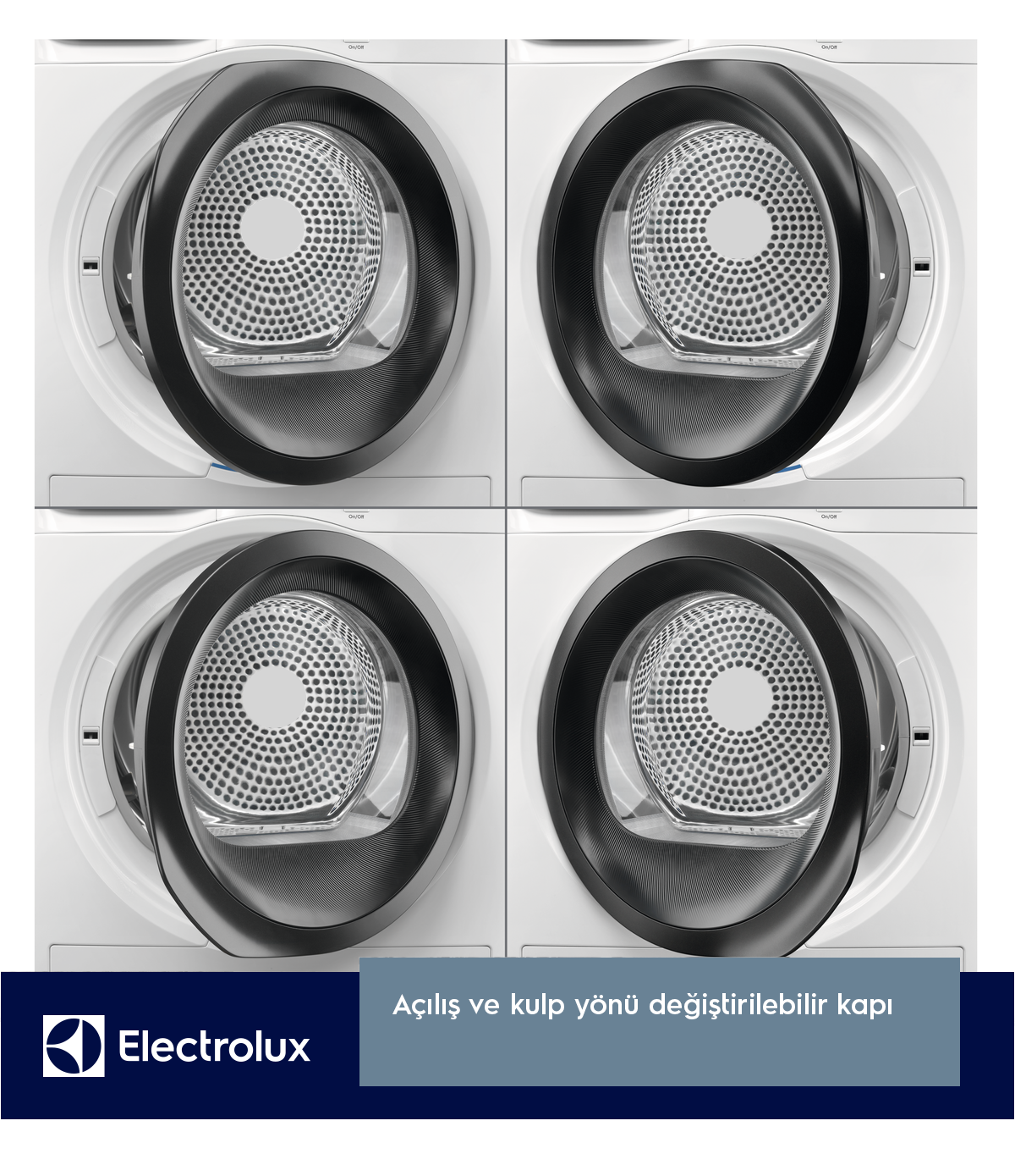 Dört beyaz Electrolux çamaşır makinesi kapısı, her biri siyah bir halka ve gümüş bir ağ iç mekana sahip. Altında mavi metin.