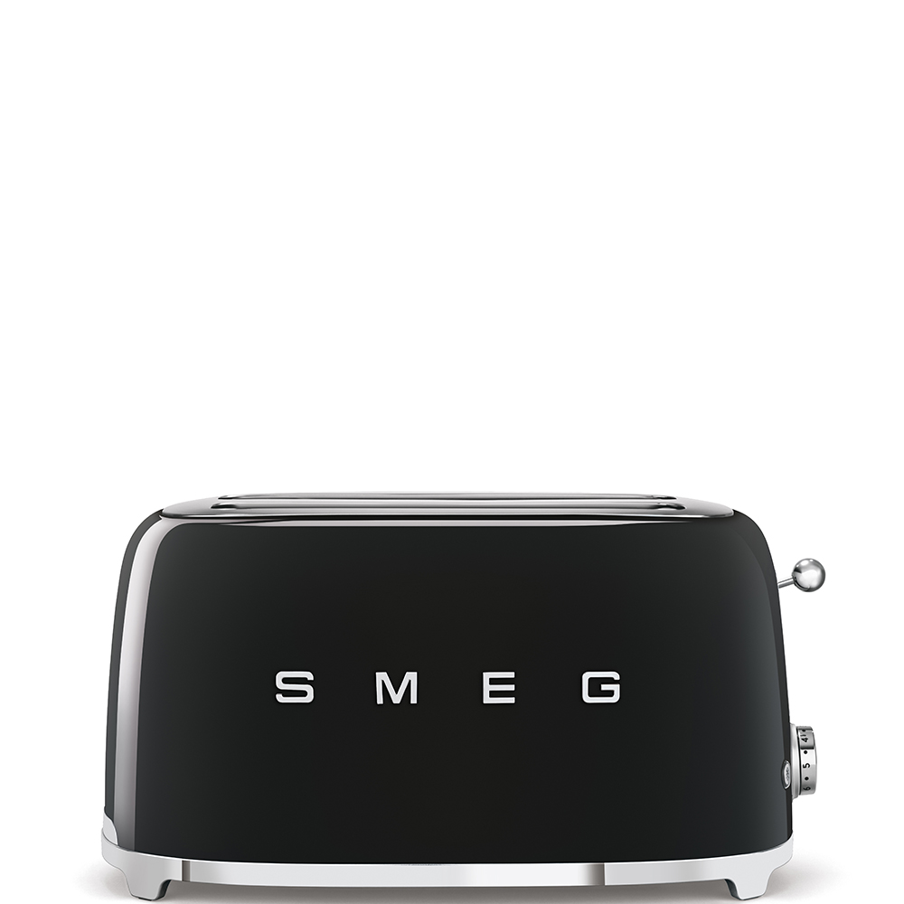 Schwarzer Retro-Toaster von Smeg. Er hat Chromdetails, mit dem Markennamen auf der Vorderseite.