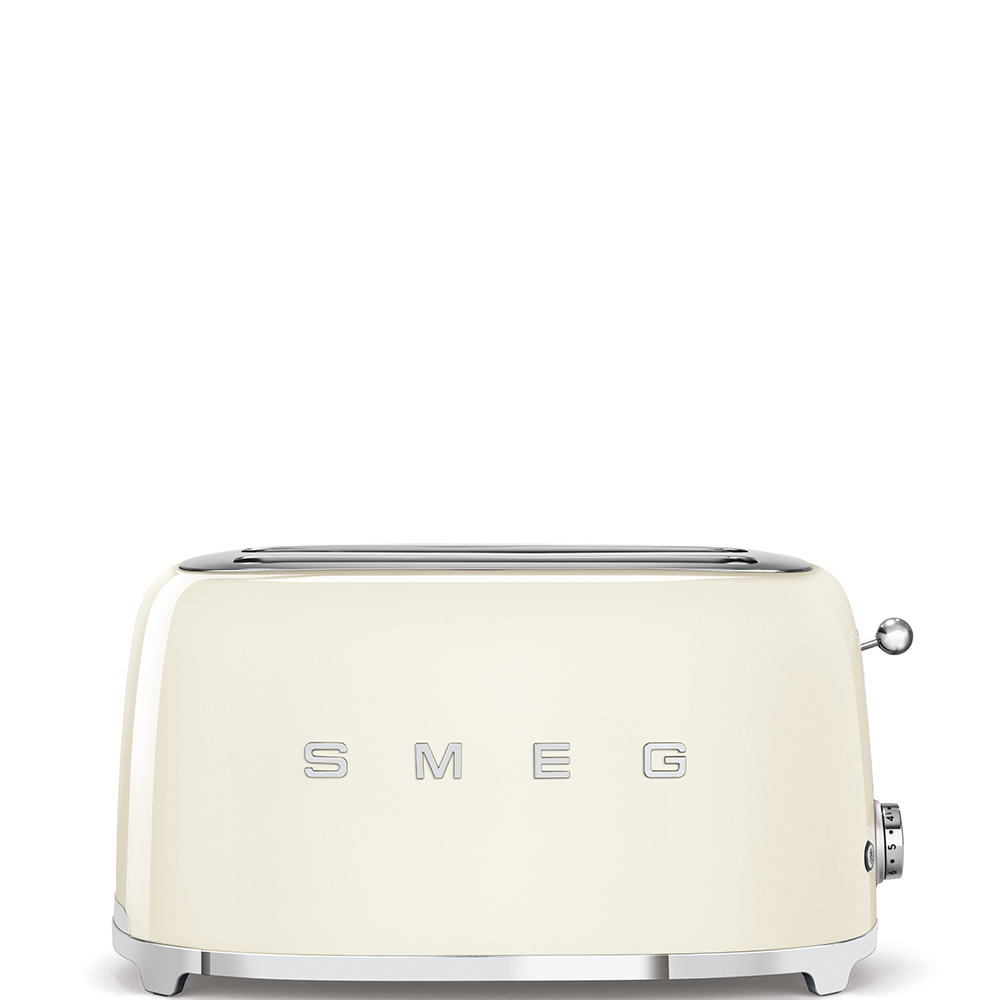 Eierschaal SMEG Toaster auf weißem Hintergrund. Zwei Schlitze. Chromakzente.