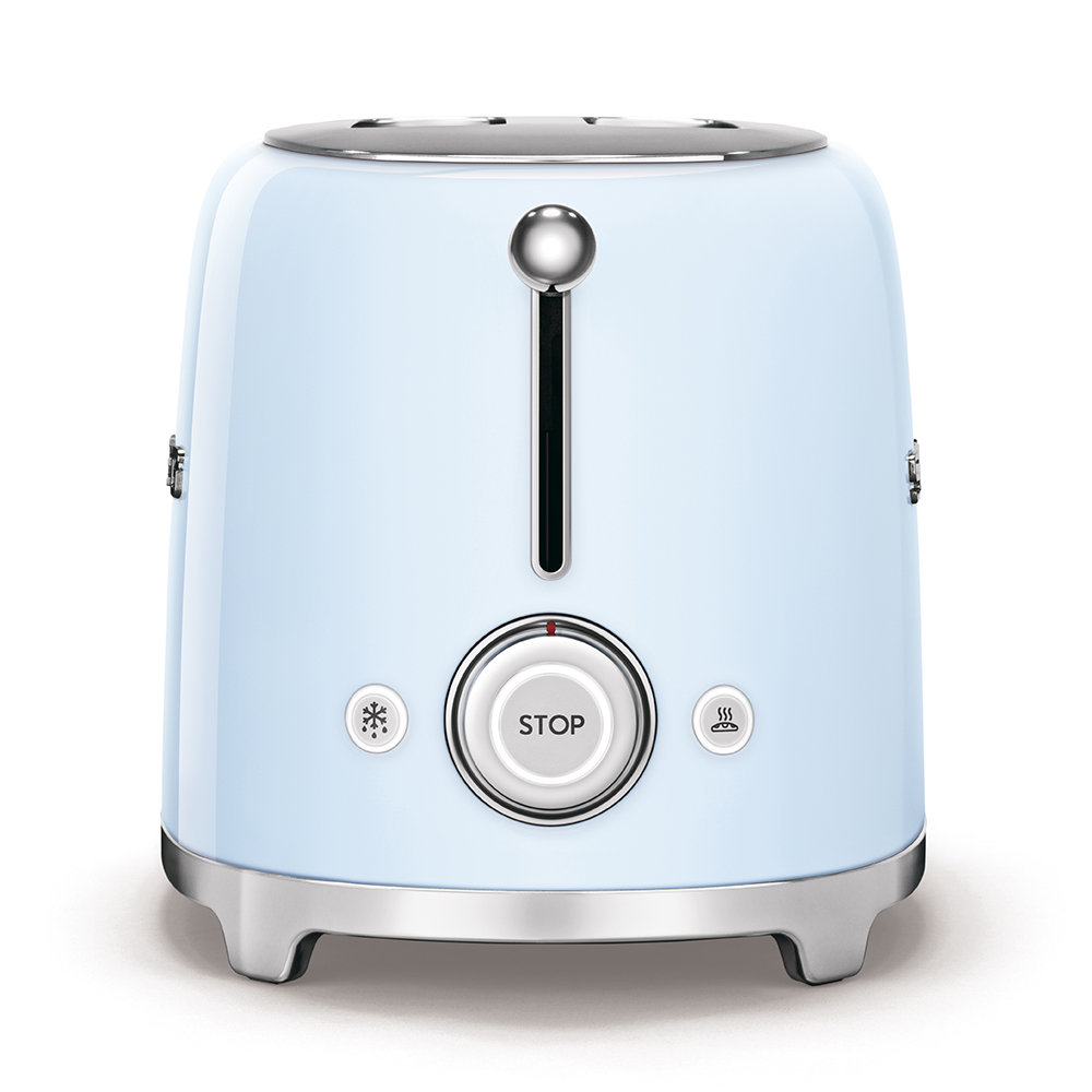 Ein hellblauer Toaster auf weißem Hintergrund. Er hat einen silbernen Hebel, eine „Stopp“-Taste und ein Auftau- und Aufwärmsymbol.