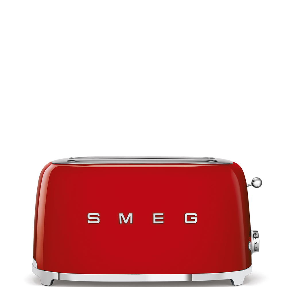 Roter Toaster mit Chromakzenten. Das Wort SMEG ist sichtbar.