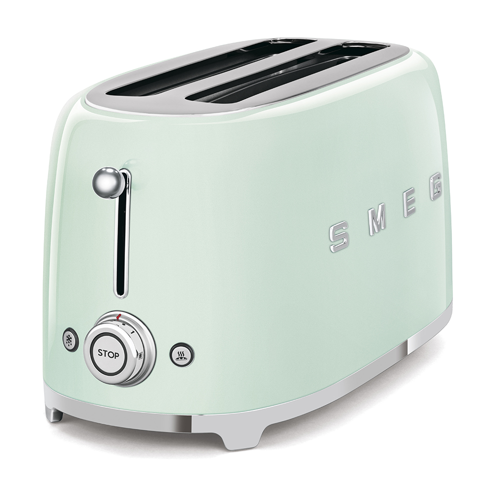Ein mintgrüner Smeg-Toaster. Er hat einen Hebel, einen Knopf mit Stopp und Schlitze für Brot. Das Wort SMEG steht auf der Seite.