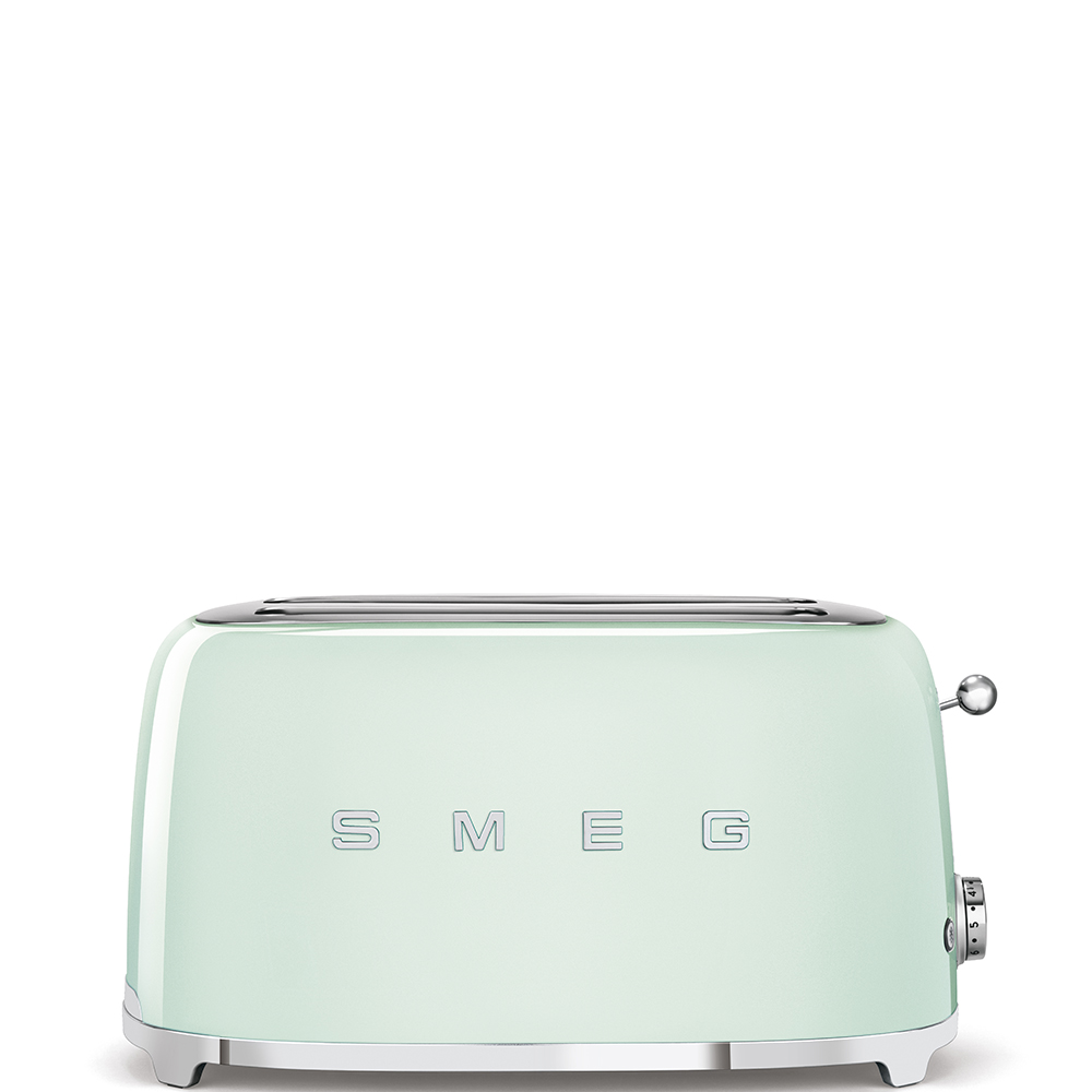 Ein mintgrüner SMEG-Toaster. Er hat eine silberne Ober- und Unterseite. Der Einstellknopf befindet sich auf der rechten Seite.