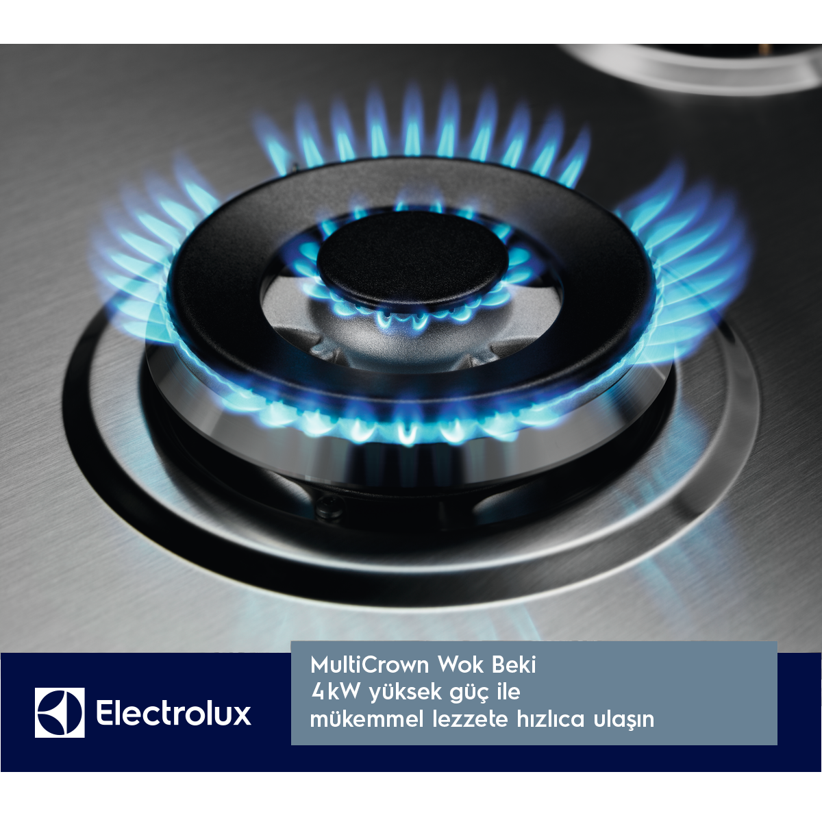 Mavi alevli bir gaz ocağı brülörünün, Electrolux logosunun ve güç hakkında metnin yakın çekimi.