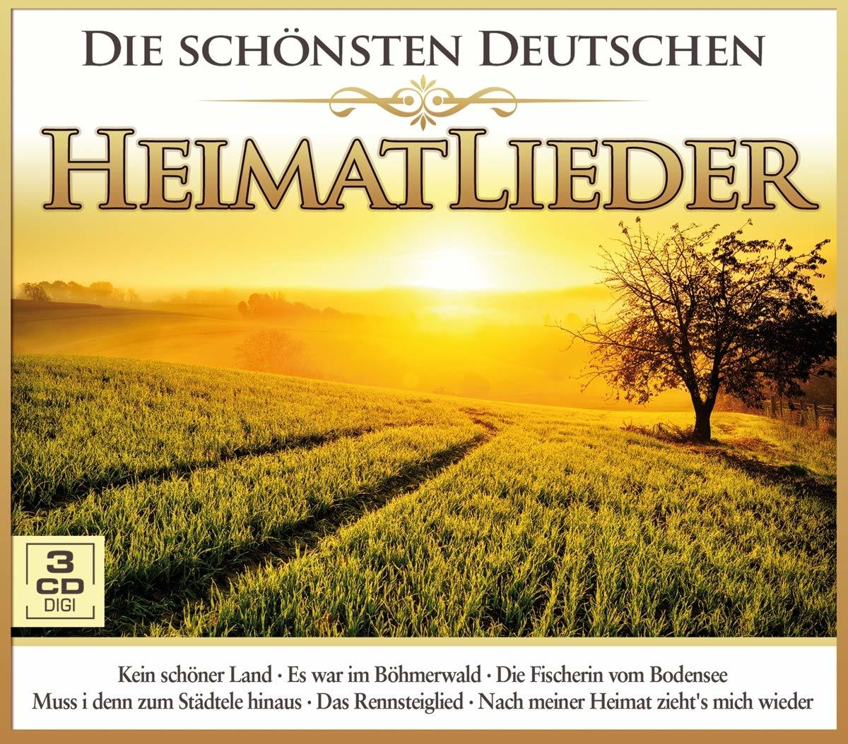 Albumcover mit Feld bei Sonnenuntergang, Text: 'Die Schönsten Deutschen Heimatlieder'.