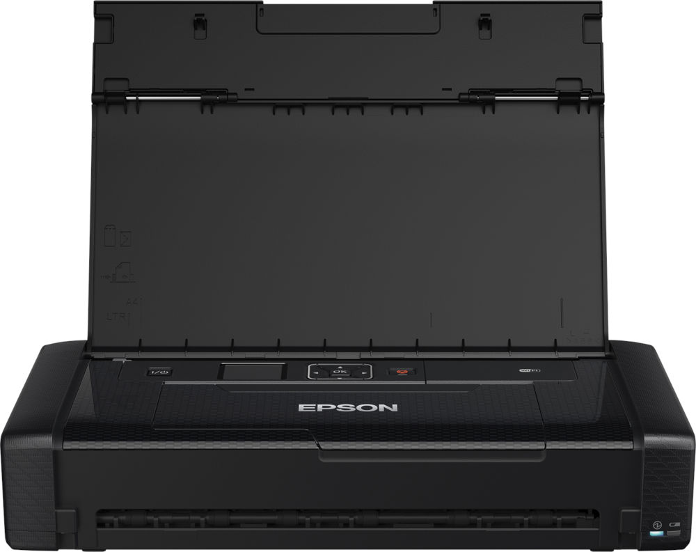 Black Epson printer with open top cover, showing the inside components.