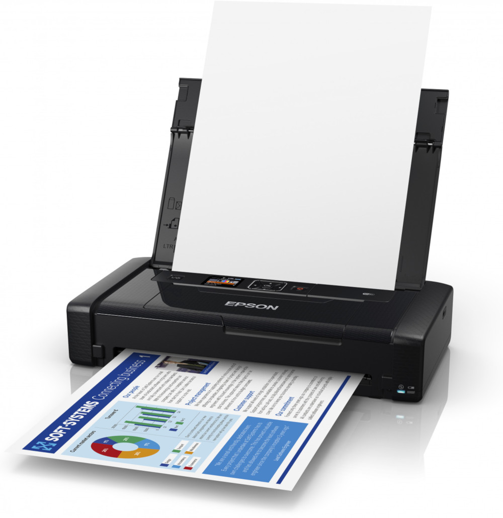 Black printer printing a colorful document, with a white sheet above.
