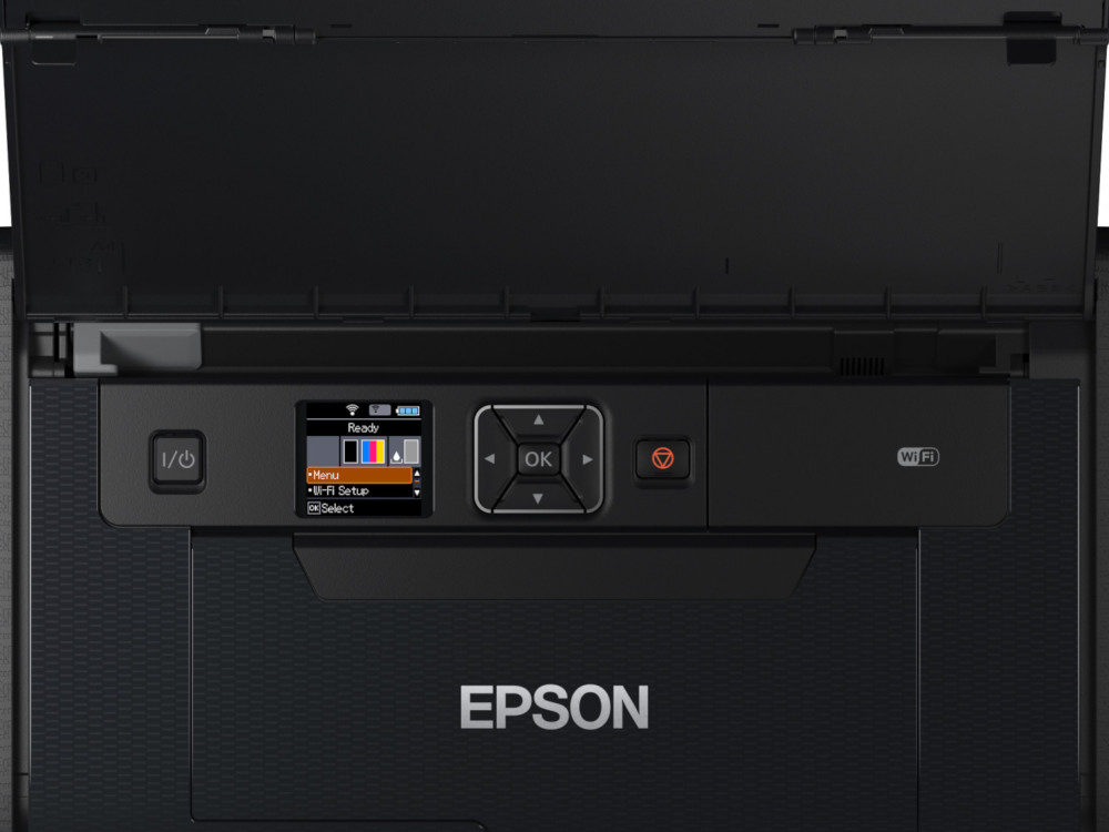 Epson printer, top view. Black body, control panel with LCD screen and buttons. Wi-Fi.