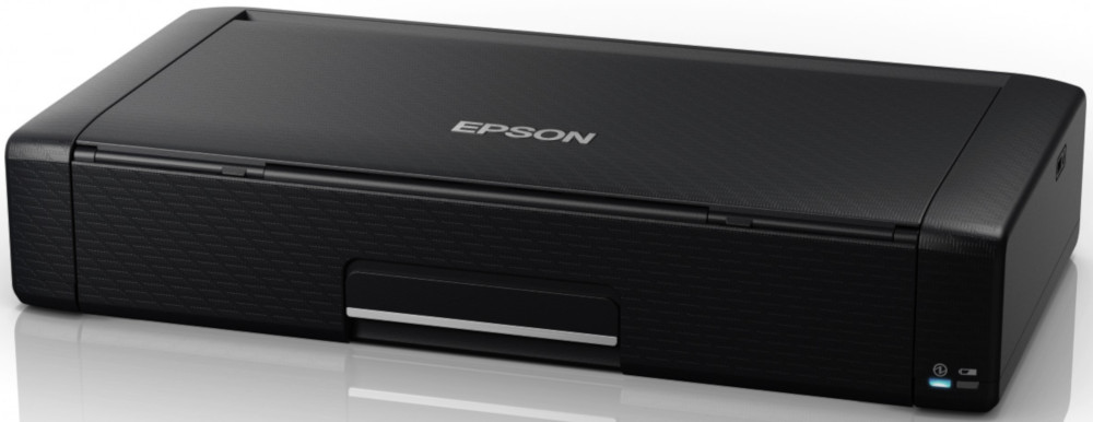 Black Epson printer, rectangular design, glossy finish, on white surface.