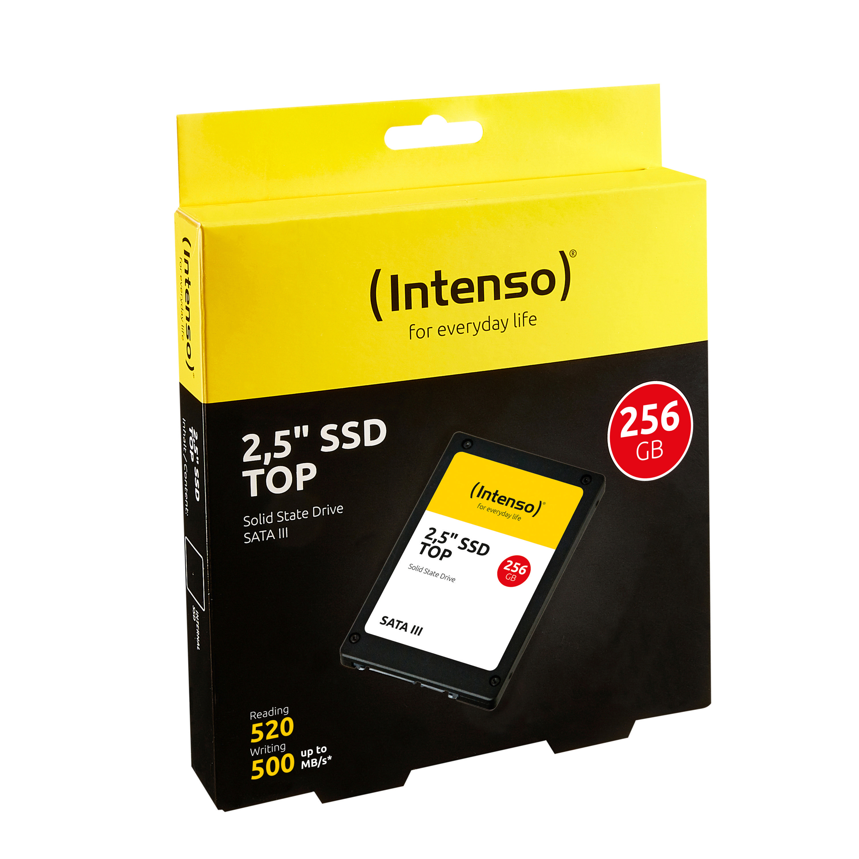 Eine 2,5" SSD in einer gelb-schwarzen Box. Die Box hat Text und ein 256 GB-Etikett.