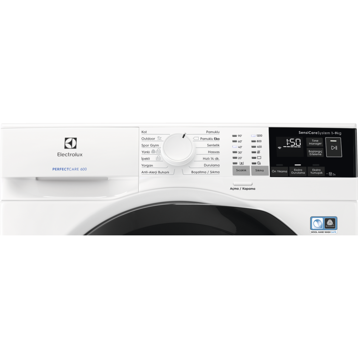 Beyaz Electrolux çamaşır makinesi kontrol paneli, düğmeler ve ekran görülebilir.