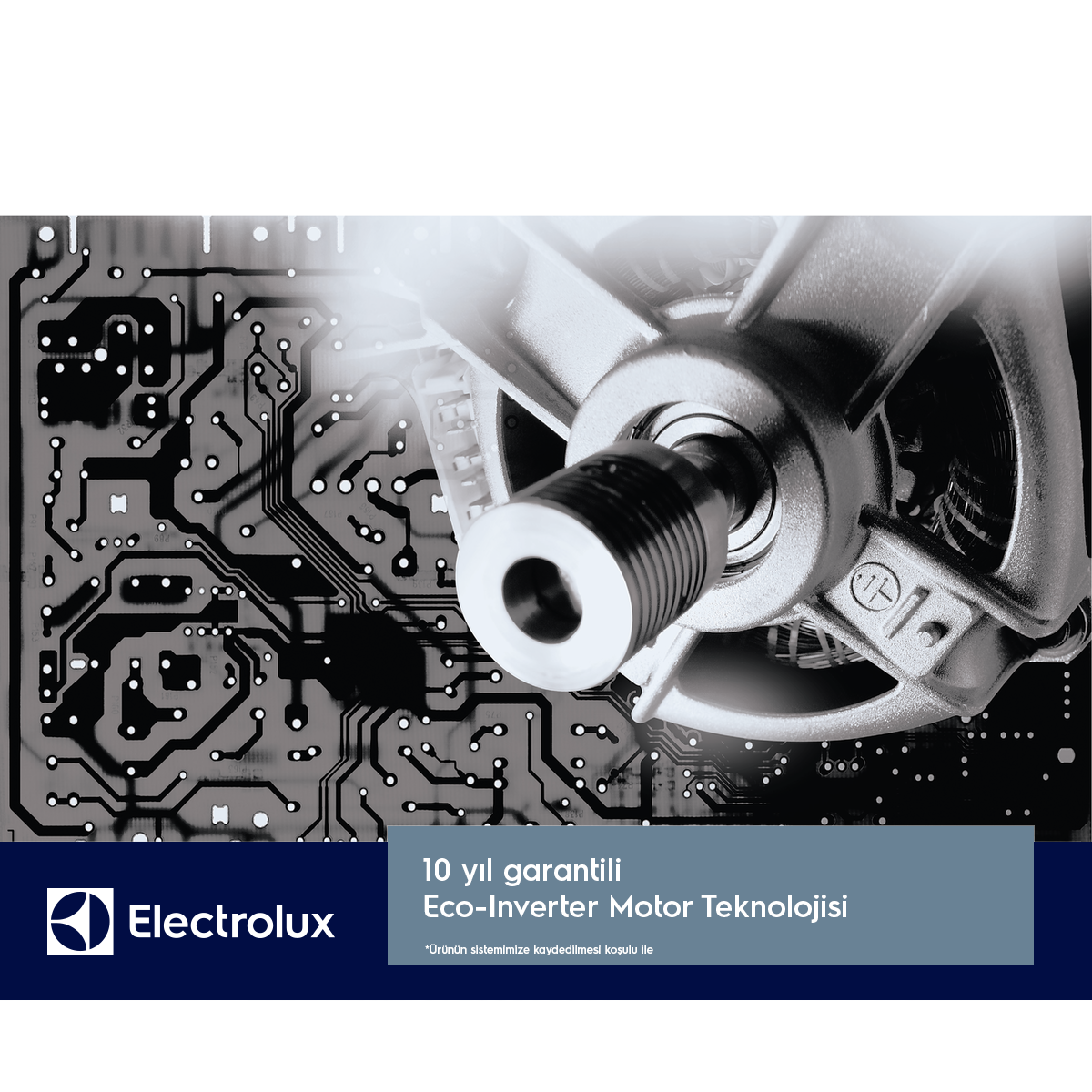 Electrolux görüntüsü, "Eco-Inverter Motor Teknolojisi" metniyle bir motor ve elektronik bileşenleri gösteriyor.