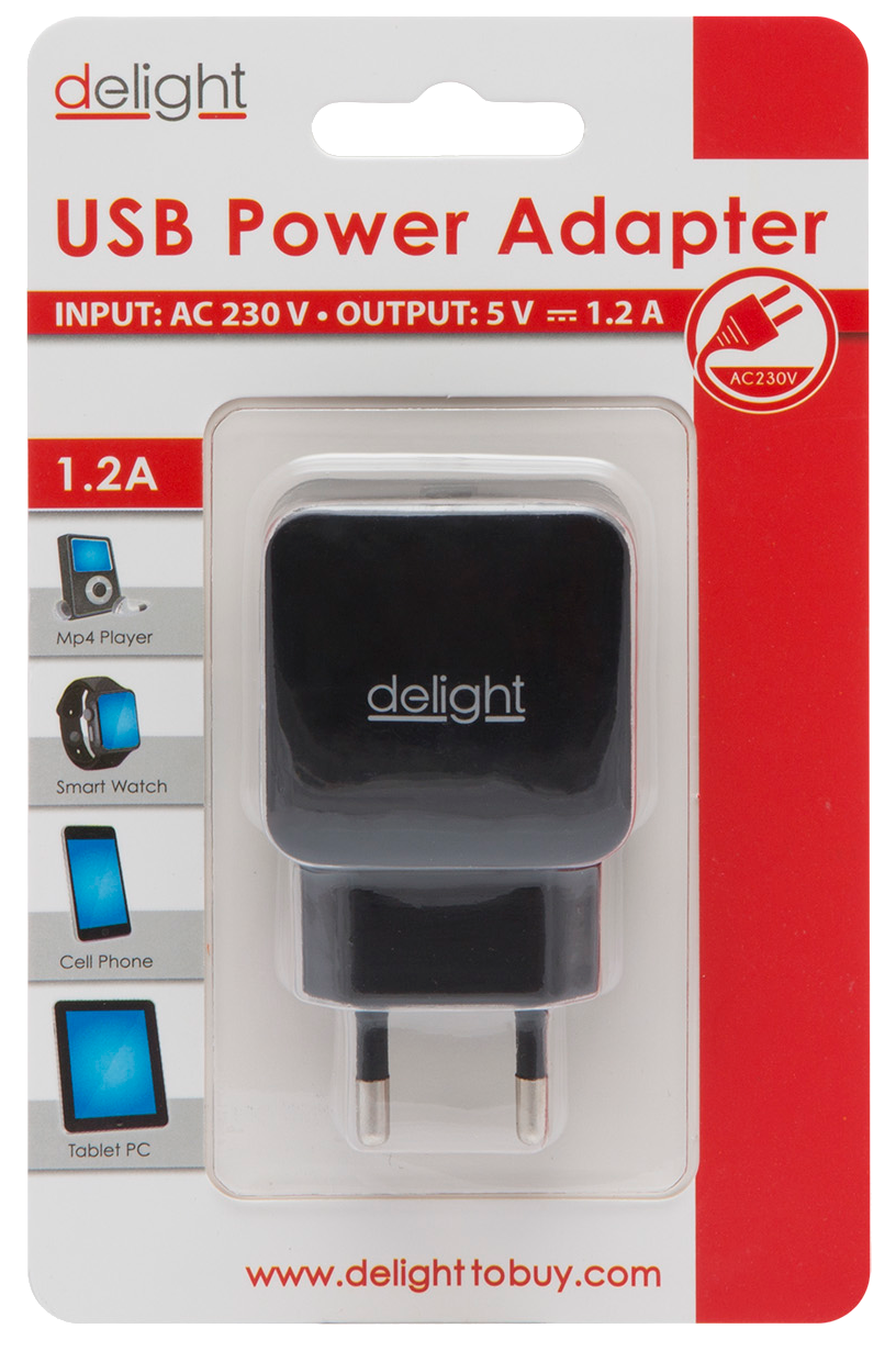 USB hálózati adapter csomagolásban, rajta a támogatott eszközök ikonjaival.